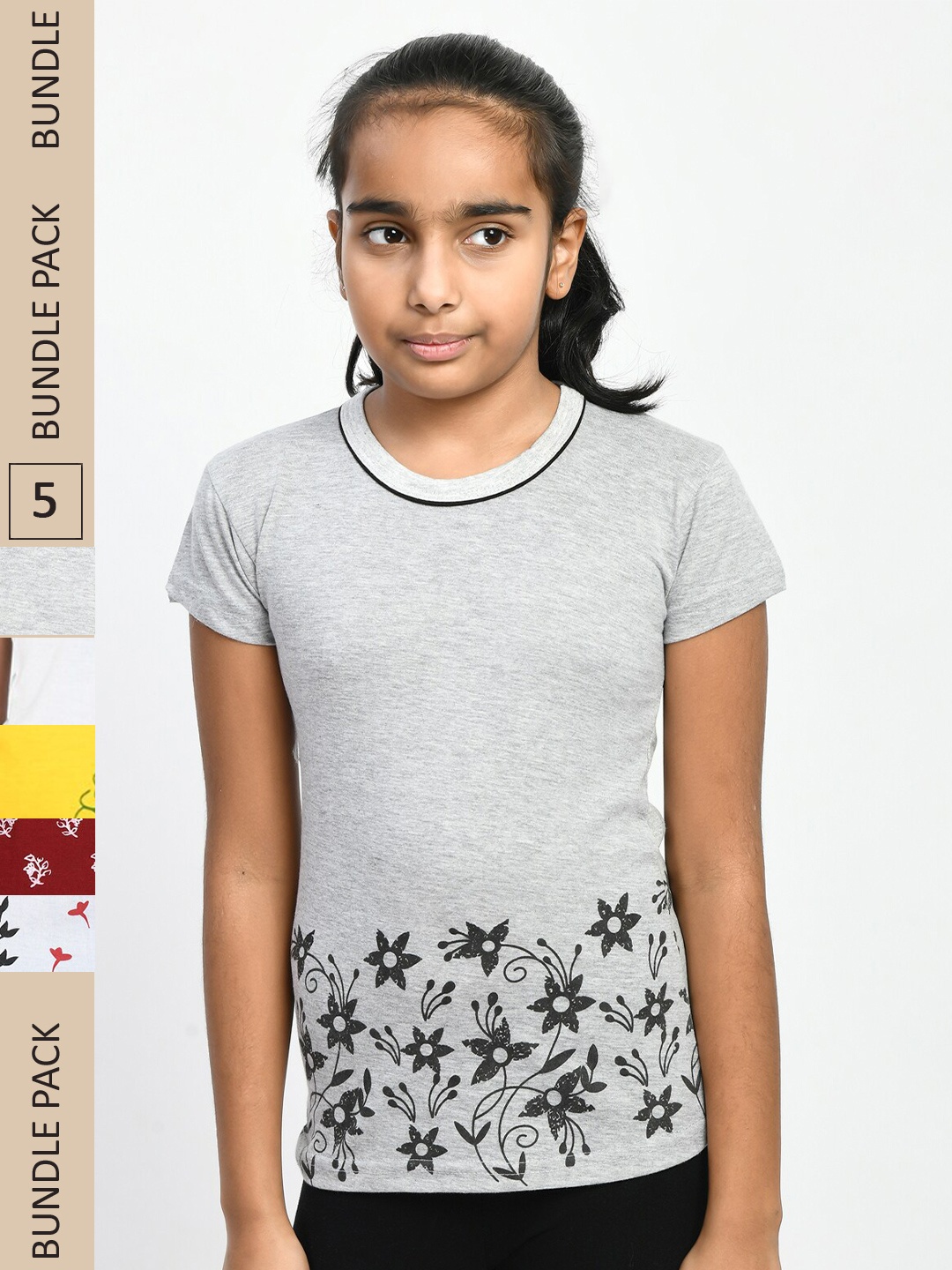 

IndiWeaves Girls Pack Of 4 Floral Printed Pure Cotton T-shirt, Grey melange
