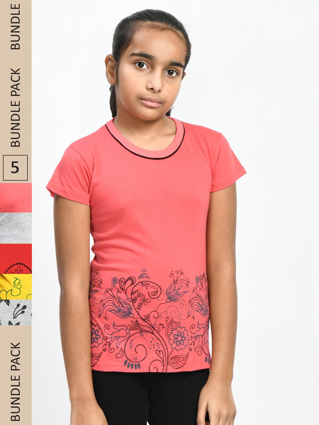 

IndiWeaves Girls Multicoloured 4 V-Neck Applique T-shirt, Multi