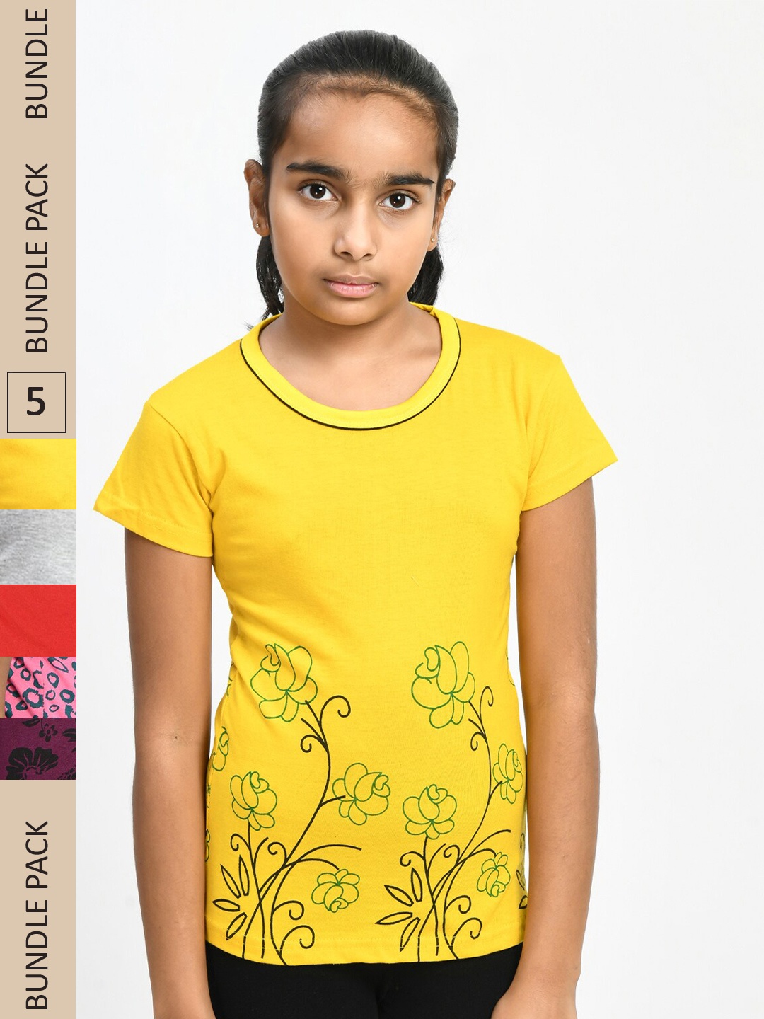 

IndiWeaves Girls Pack Of 5 Floral Printed Pure Cotton T-shirts, Yellow