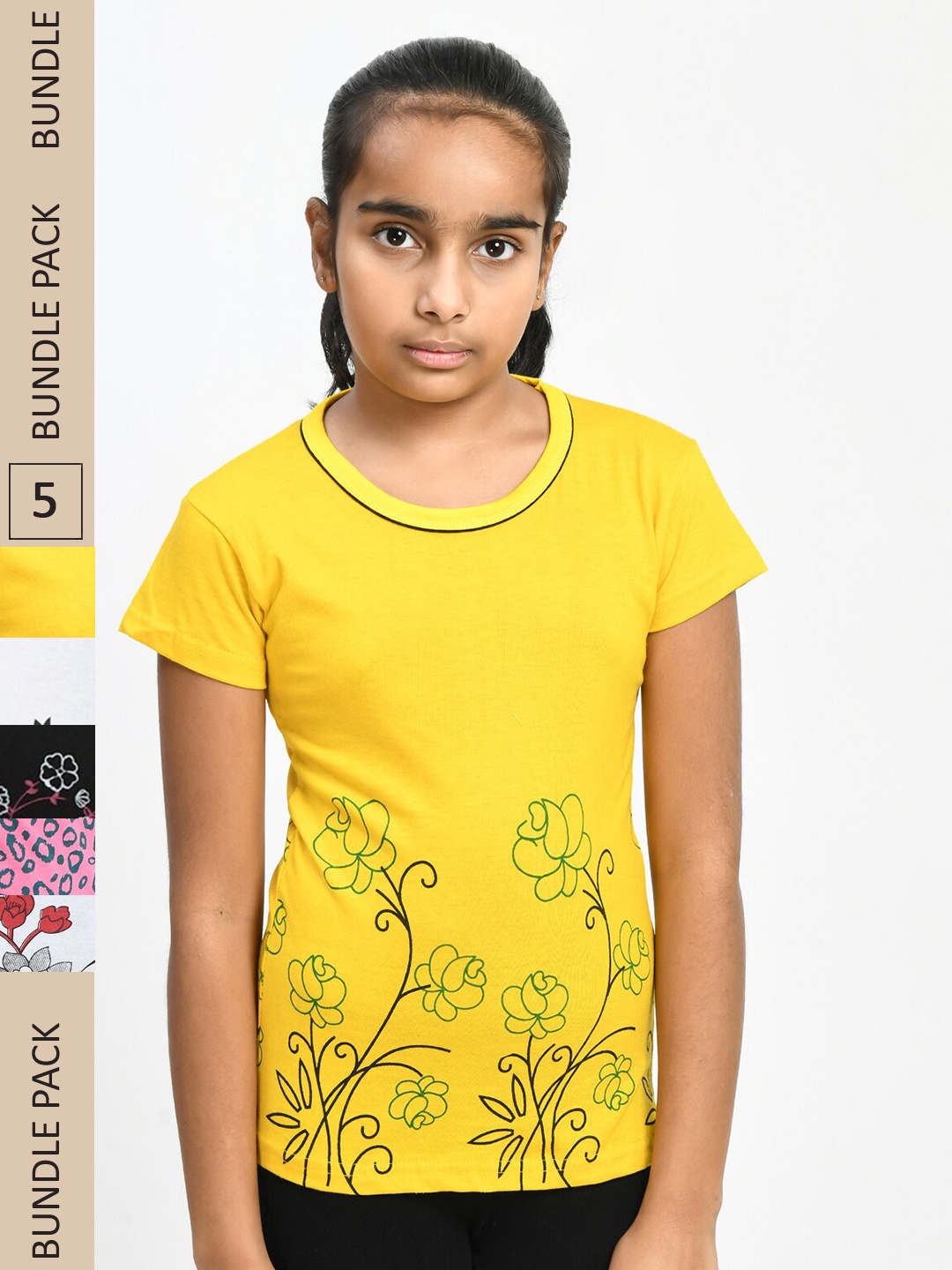 

IndiWeaves Girls Multicoloured 4 Printed V-Neck Pockets T-shirt, Multi