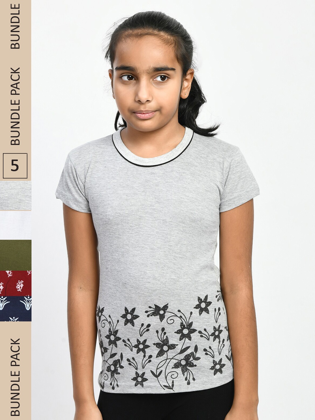 

IndiWeaves Girls Pack Of 5 Floral Printed Casual Pure Cotton T-shirts, Grey