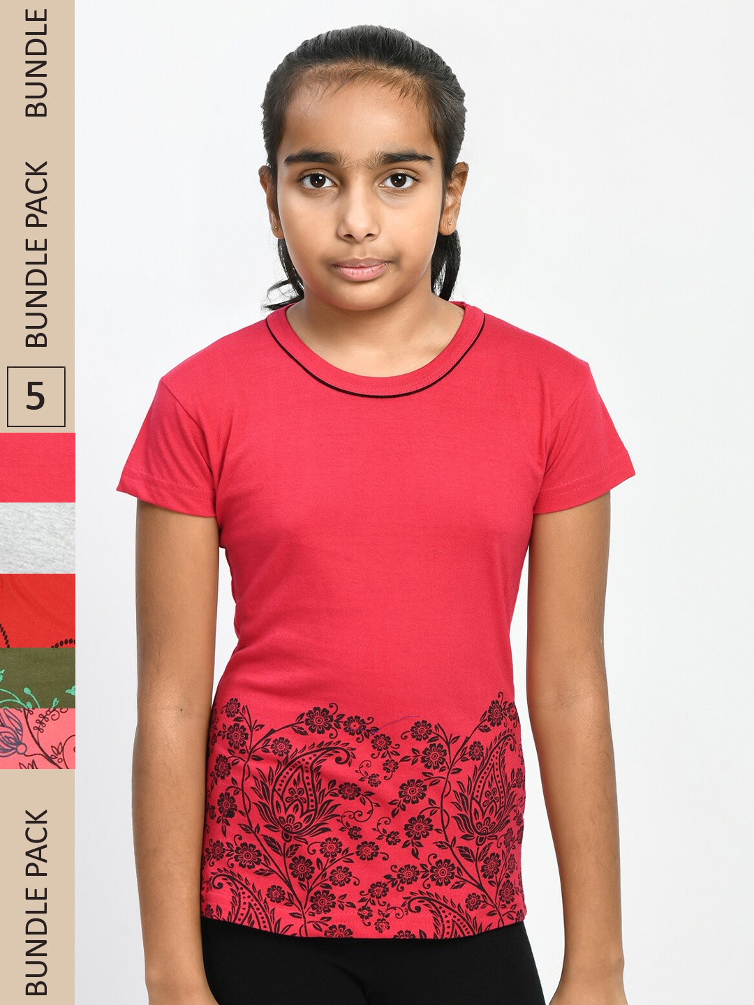 

IndiWeaves Girls Pack of 5 Floral Printed Pure Cotton T-shirts, Coral