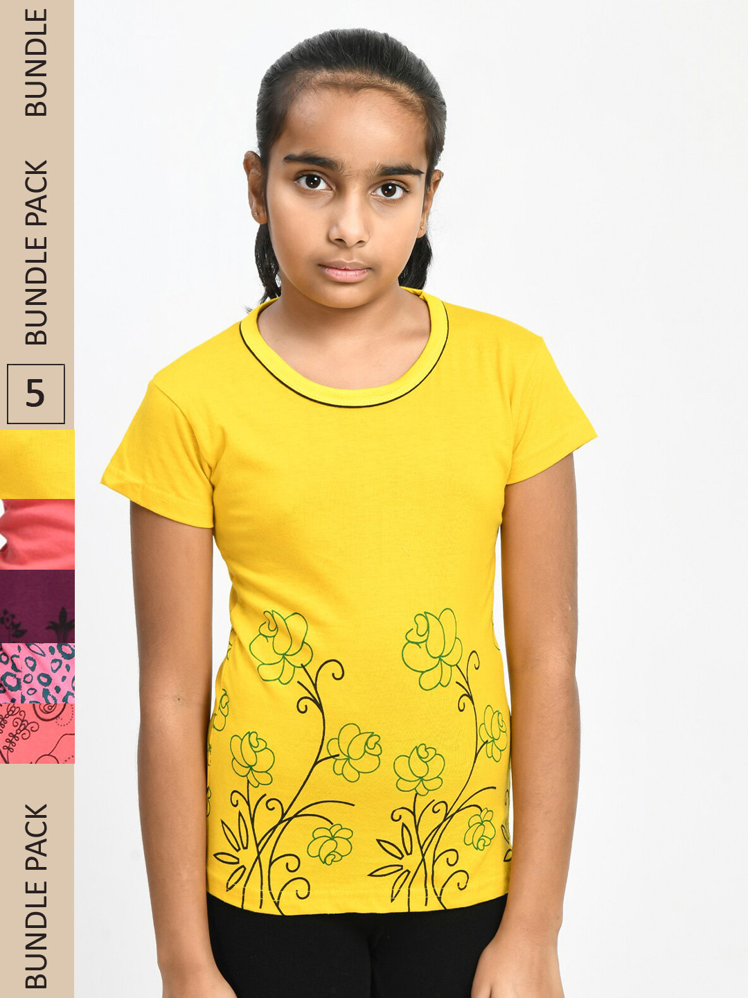 

IndiWeaves Girls Pack Of 4 Floral Printed Pure Cotton T-shirt, Yellow