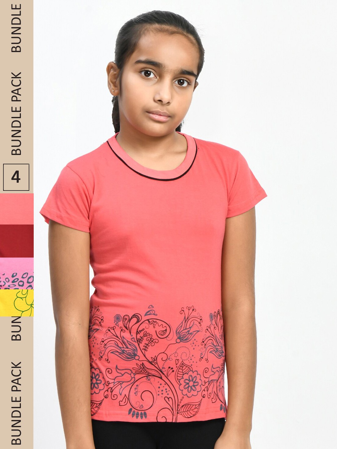 

IndiWeaves Girls Pack Of 4 Floral Printed Casual Pure Cotton T-shirts, Coral
