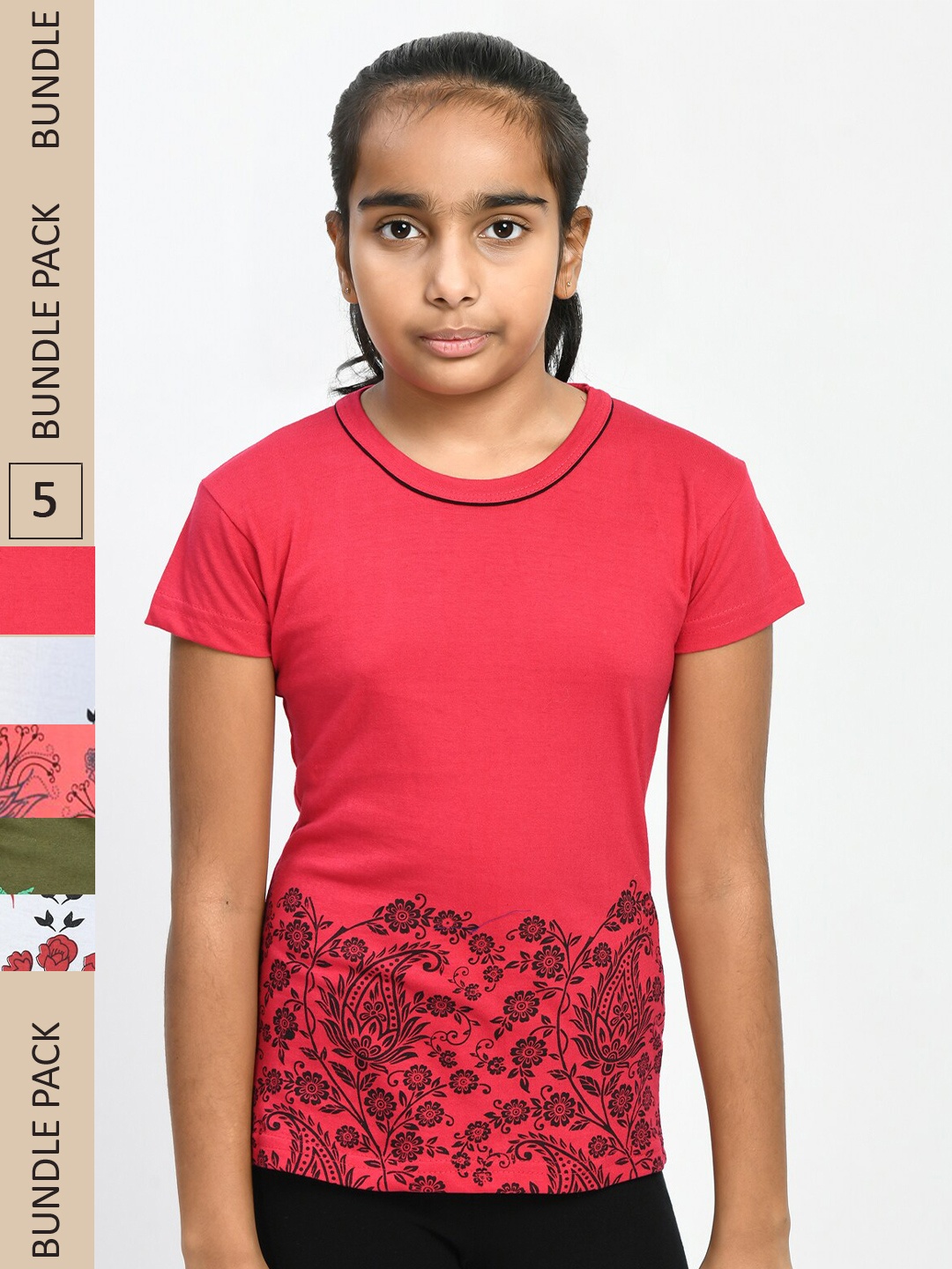 

IndiWeaves Girls Pack Of 4 Printed Pure Cotton T-shirt, Peach