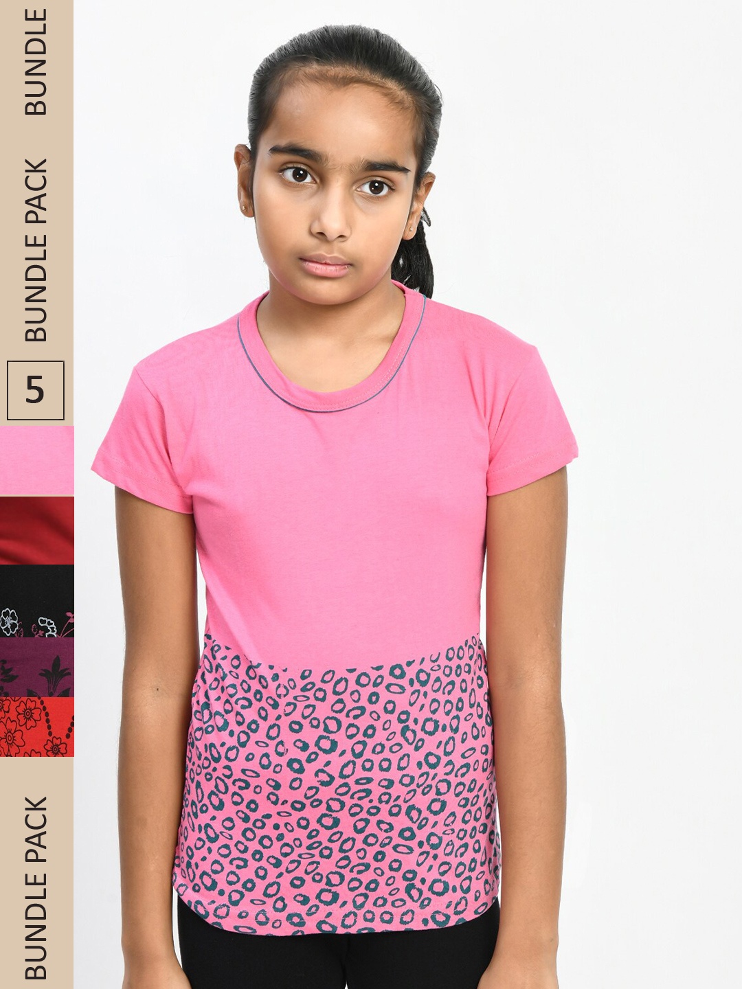 

IndiWeaves Girls Pack Of 5 Printed Pure Cotton T-shirt, Pink