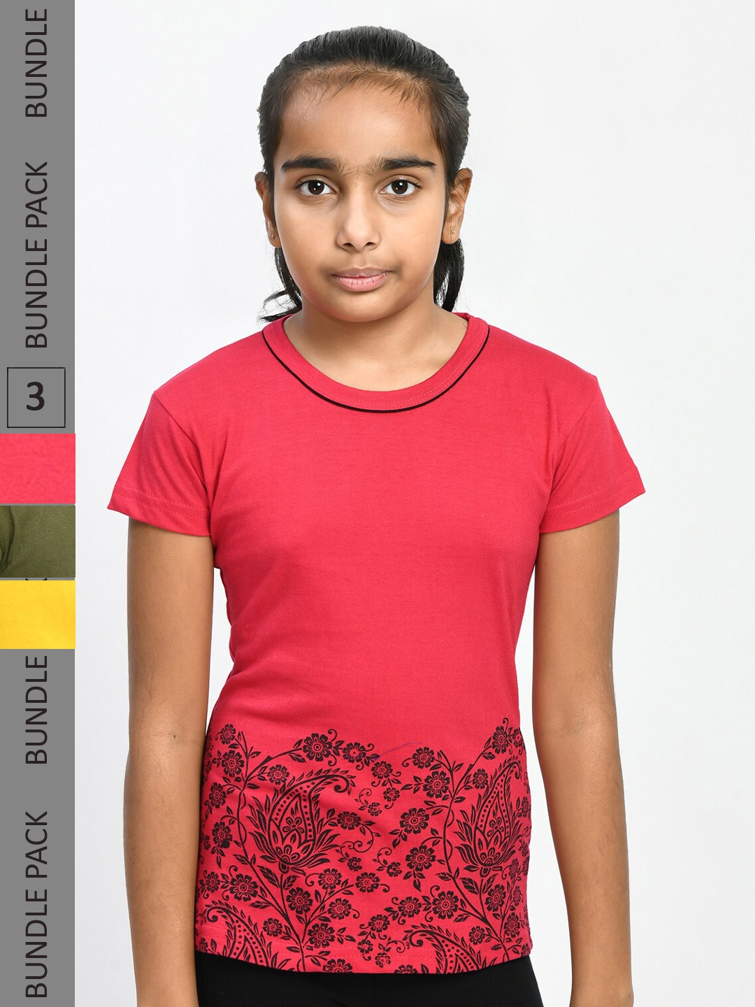 

IndiWeaves Girls Pack Of 5 Floral Printed Pure Cotton T-shirt, Red