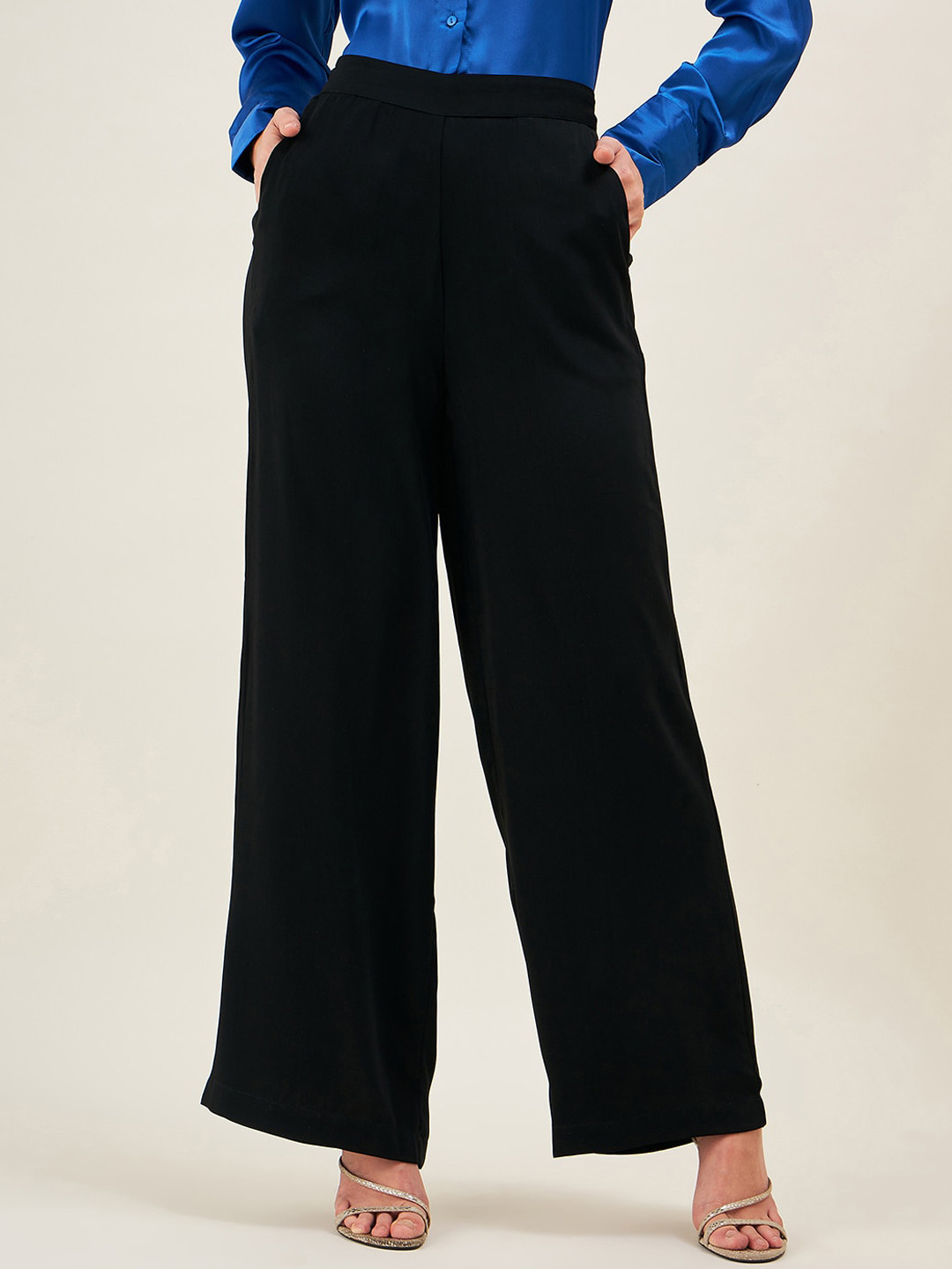 

JUNE & HARRY Women Smart Straight Fit High-Rise Parallel Trousers, Black