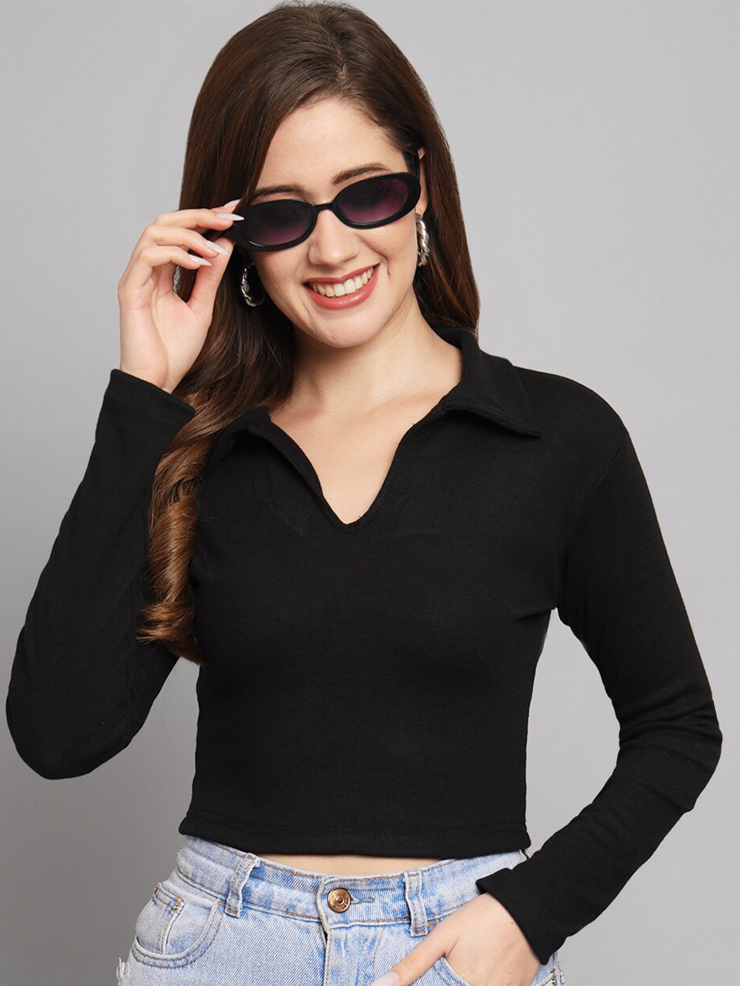 

Funday Fashion Shirt Collar Fitted Crop Top, Black
