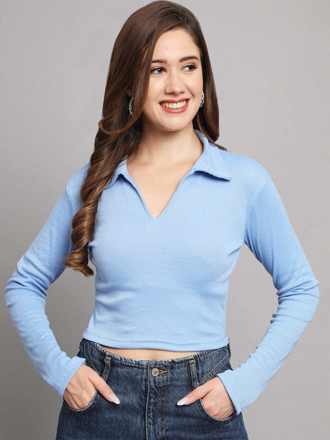 

Funday Fashion Shirt Collar Long Sleeves Crop Top, Blue