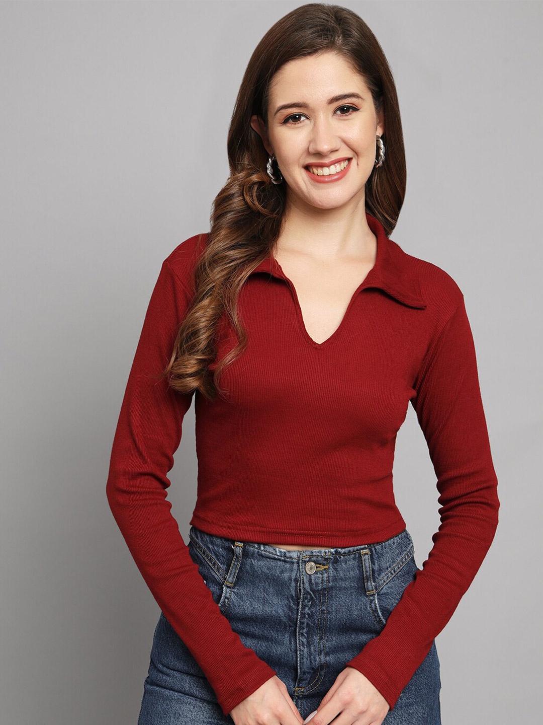 

Funday Fashion Shirt Collar Long Sleeves Crop Top, Maroon