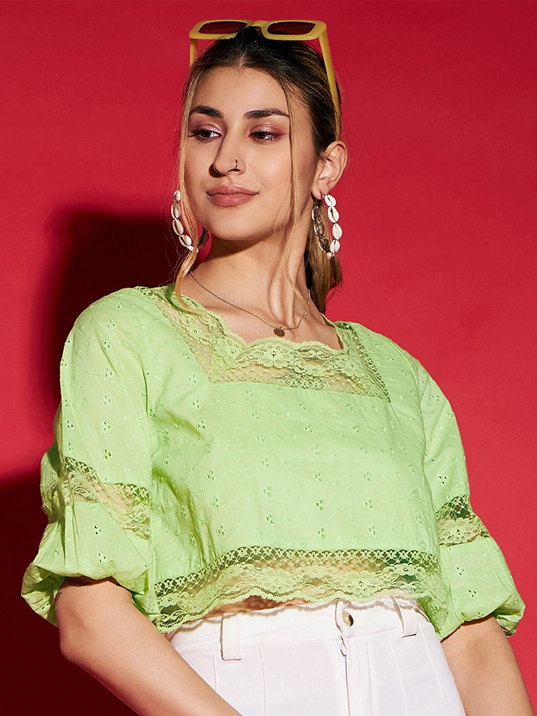 

SASSAFRAS Lime Green Bell Sleeves Pure Cotton Schiffli Crop Regular Top