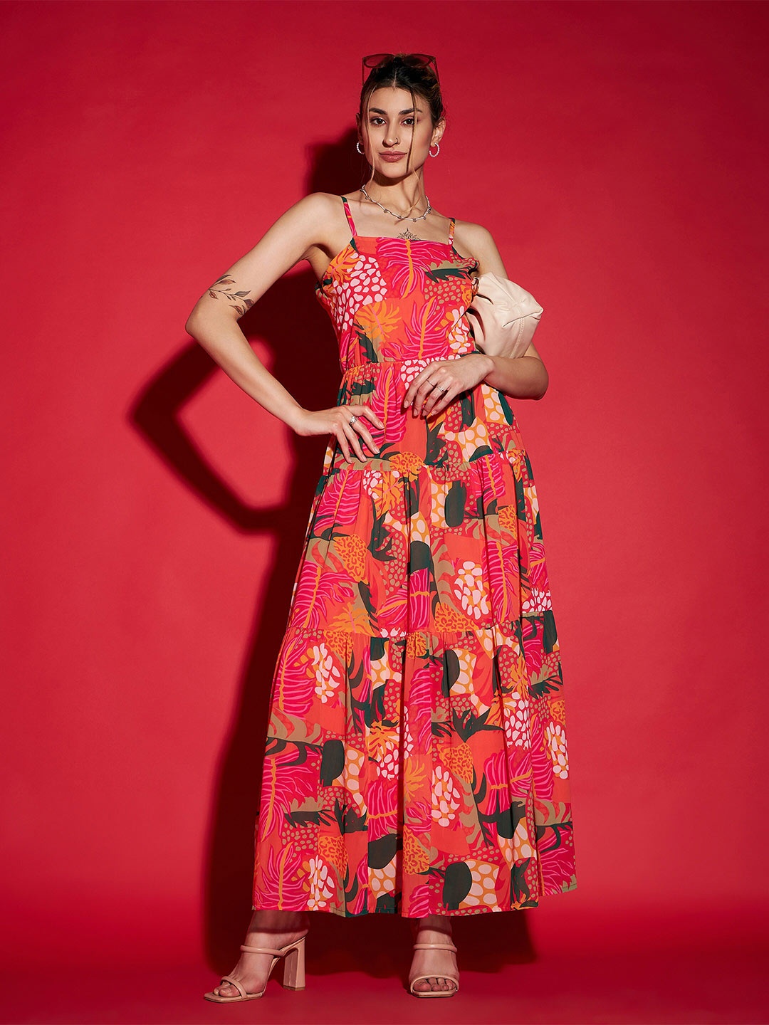

SASSAFRAS Floral Print Maxi Dress, Red