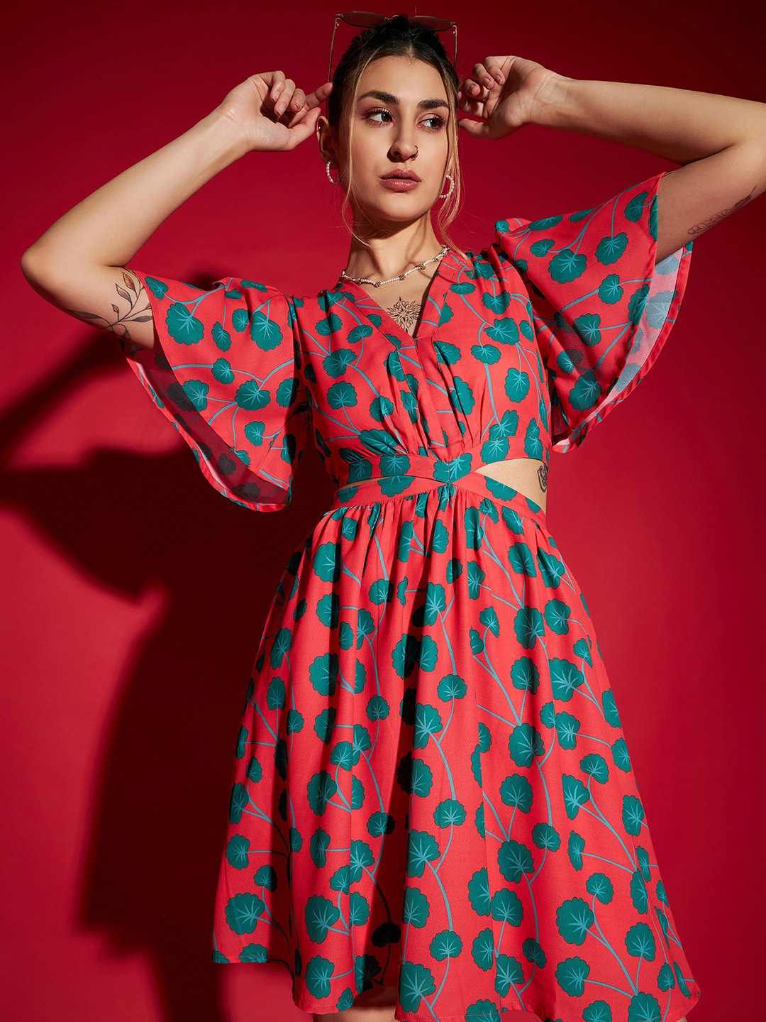 

SASSAFRAS Red Floral Printed Cut Out Georgette Mini Fit & Flare Dress