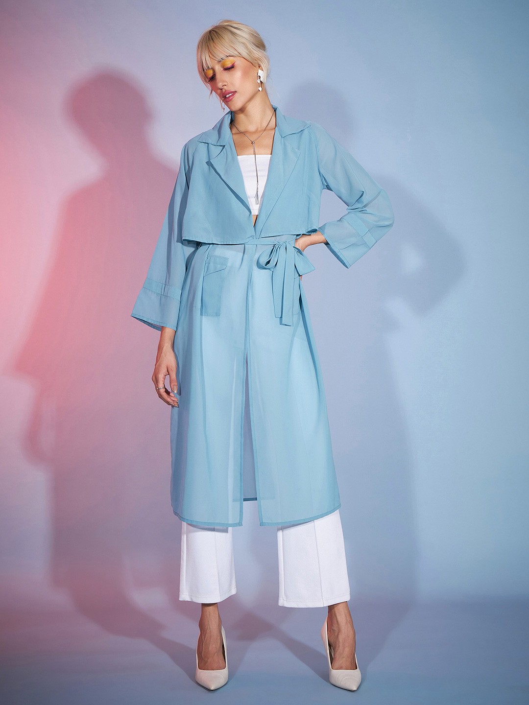 

SASSAFRAS Women Longline Sheer Lapel Shrug, Blue