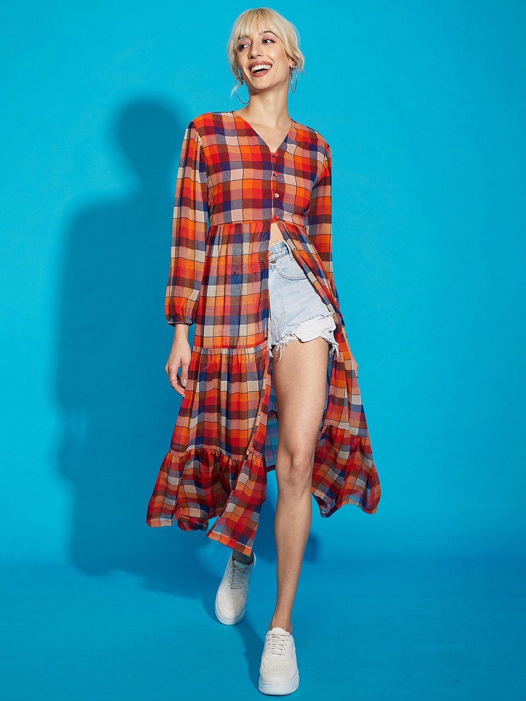 

SASSAFRAS Checked Tiered Longline Tunic, Red