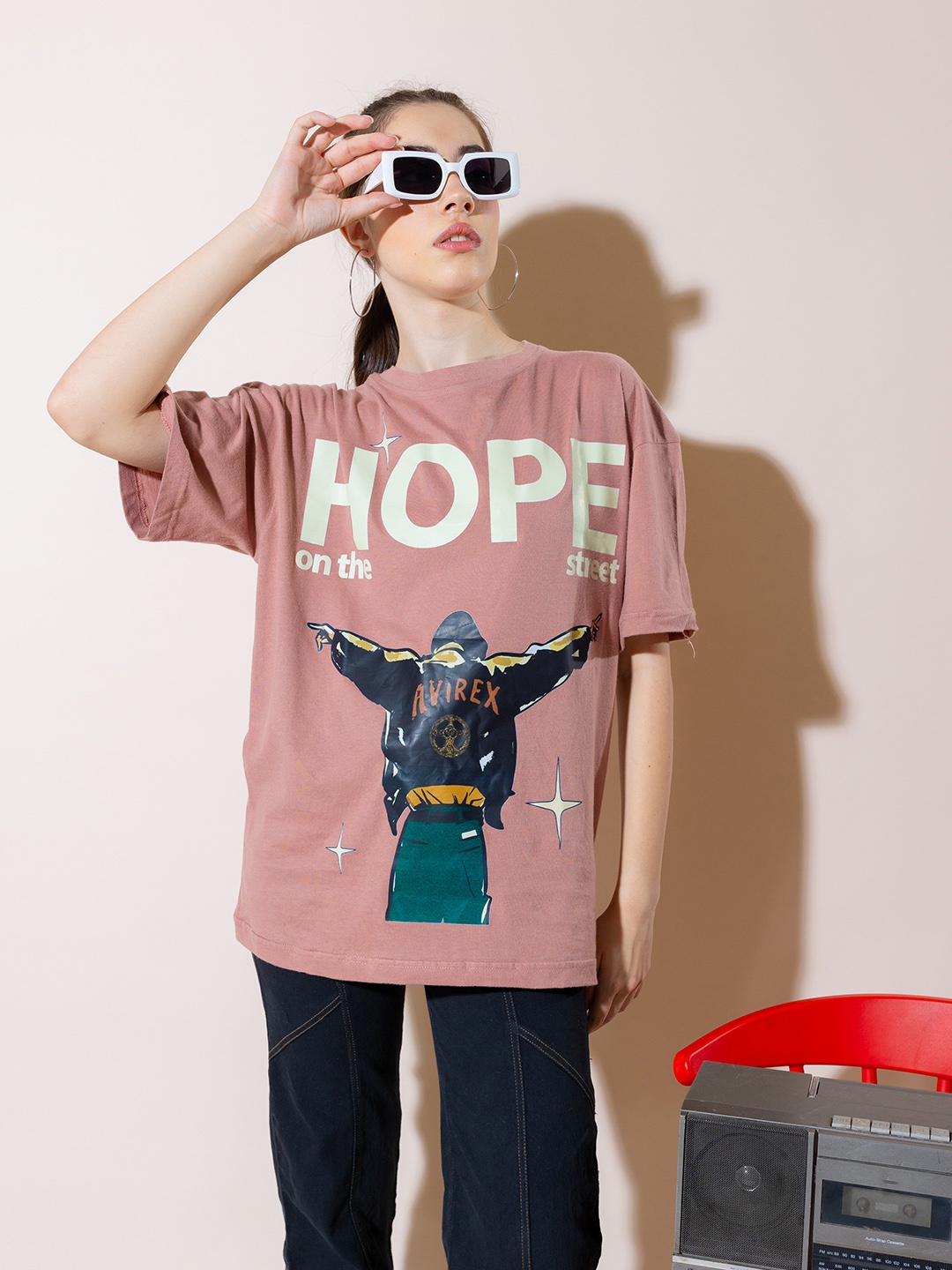 

Stylecast X Hersheinbox Graphic Printed Pure Cotton Oversized Longline T-shirt, Camel brown