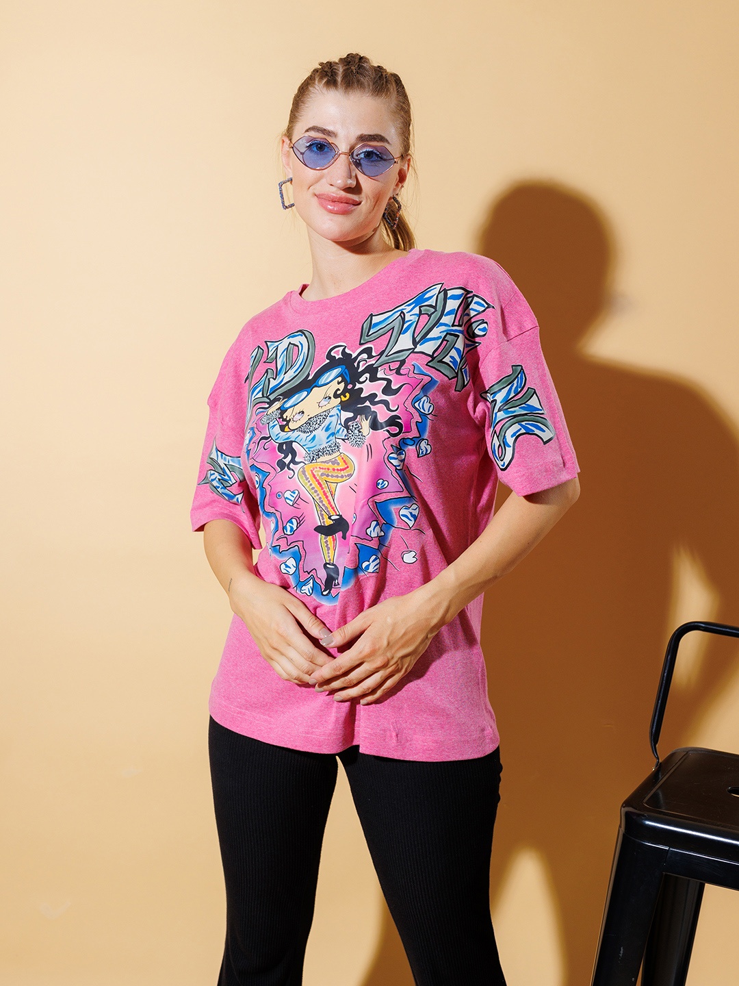 

Stylecast X Hersheinbox Graphic Printed Pure Cotton Oversized Longline T-shirt, Pink
