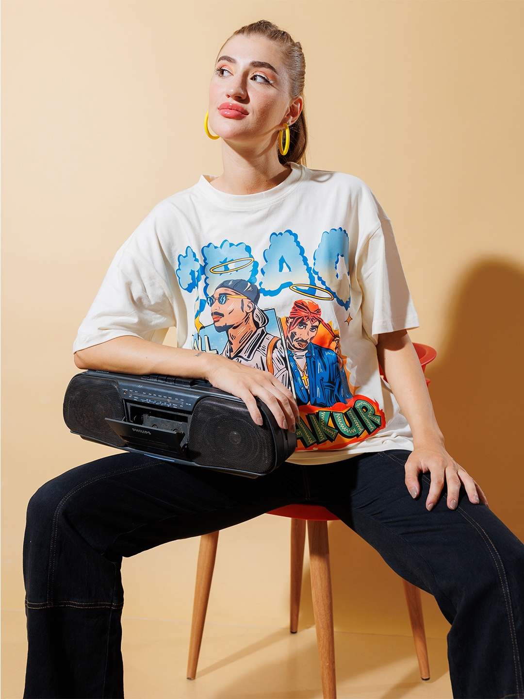 

Stylecast X Hersheinbox Graphic Tupac Printed Pure Cotton Oversized T-shirt, Cream