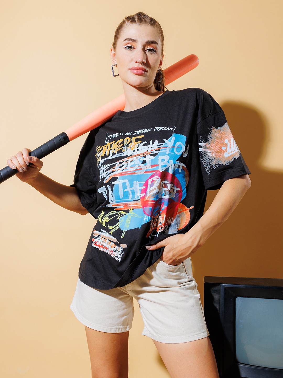 

Stylecast X Hersheinbox Graphic Printed Pure Cotton Oversized T-shirt, Black