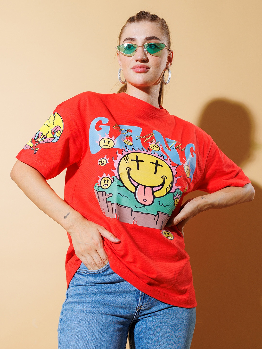 

Stylecast X Hersheinbox Printed Pure Cotton Drop-Shoulder Sleeves T-shirt, Red