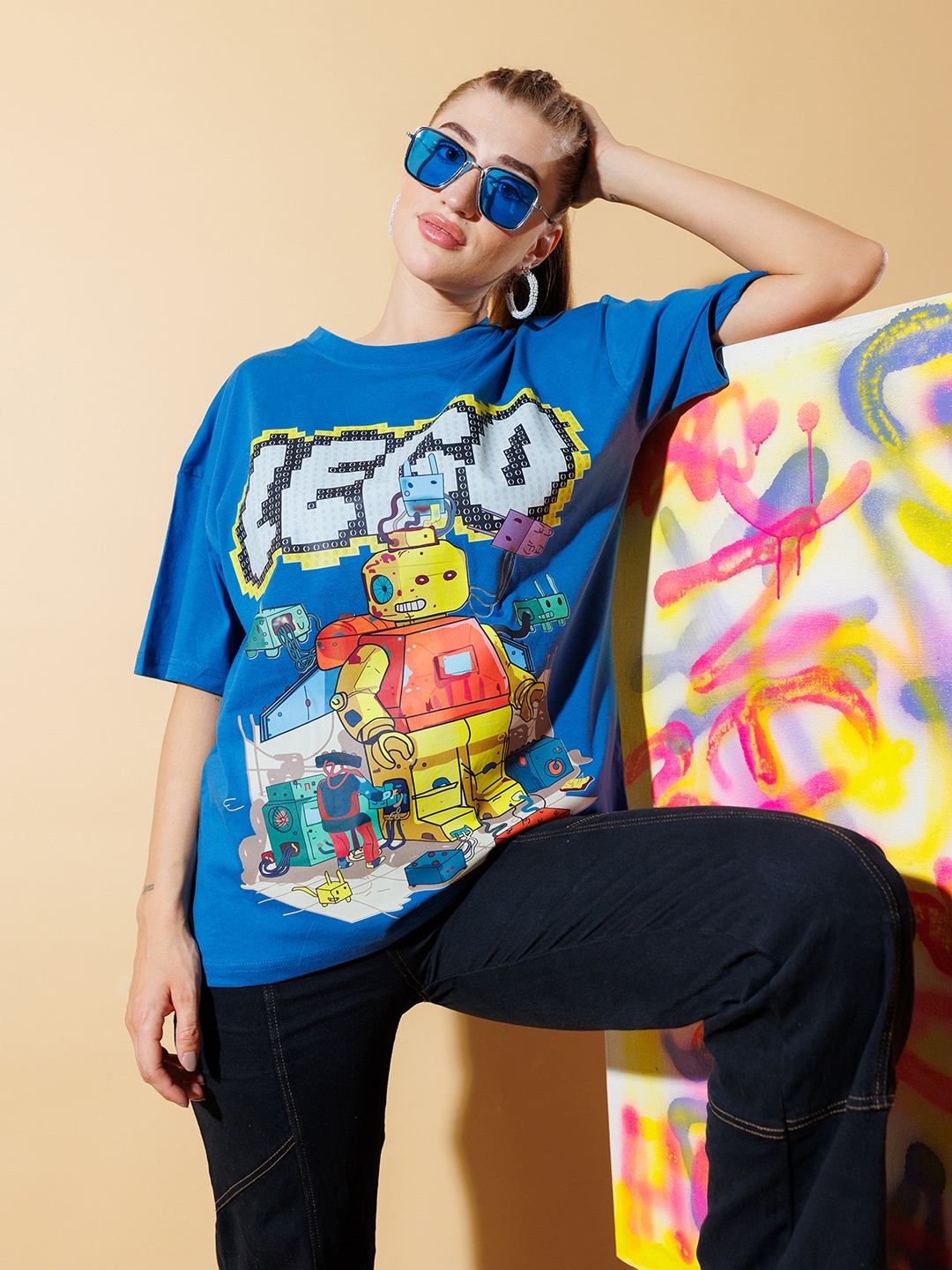 

Stylecast X Hersheinbox Lego Graphic Printed Pure Cotton Oversized Longline T-shirt, Blue