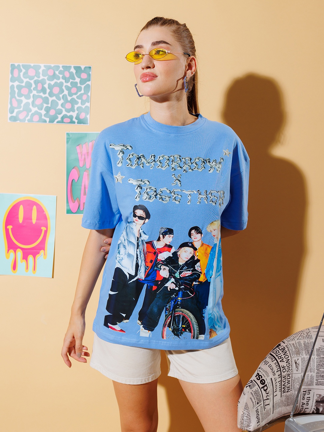 

Stylecast X Hersheinbox Graphic Printed Drop-Shoulder Pure Cotton T-shirt, Blue