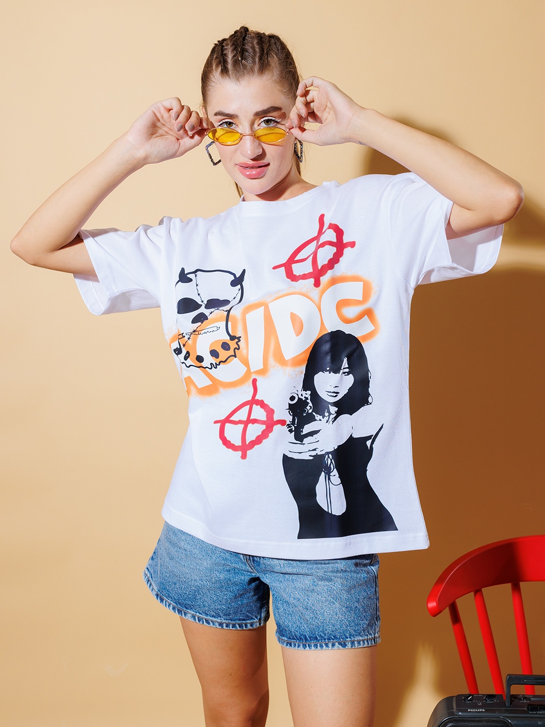 

Stylecast X Hersheinbox Printed Drop-Shoulder Sleeves Pure Cotton T-shirt, White