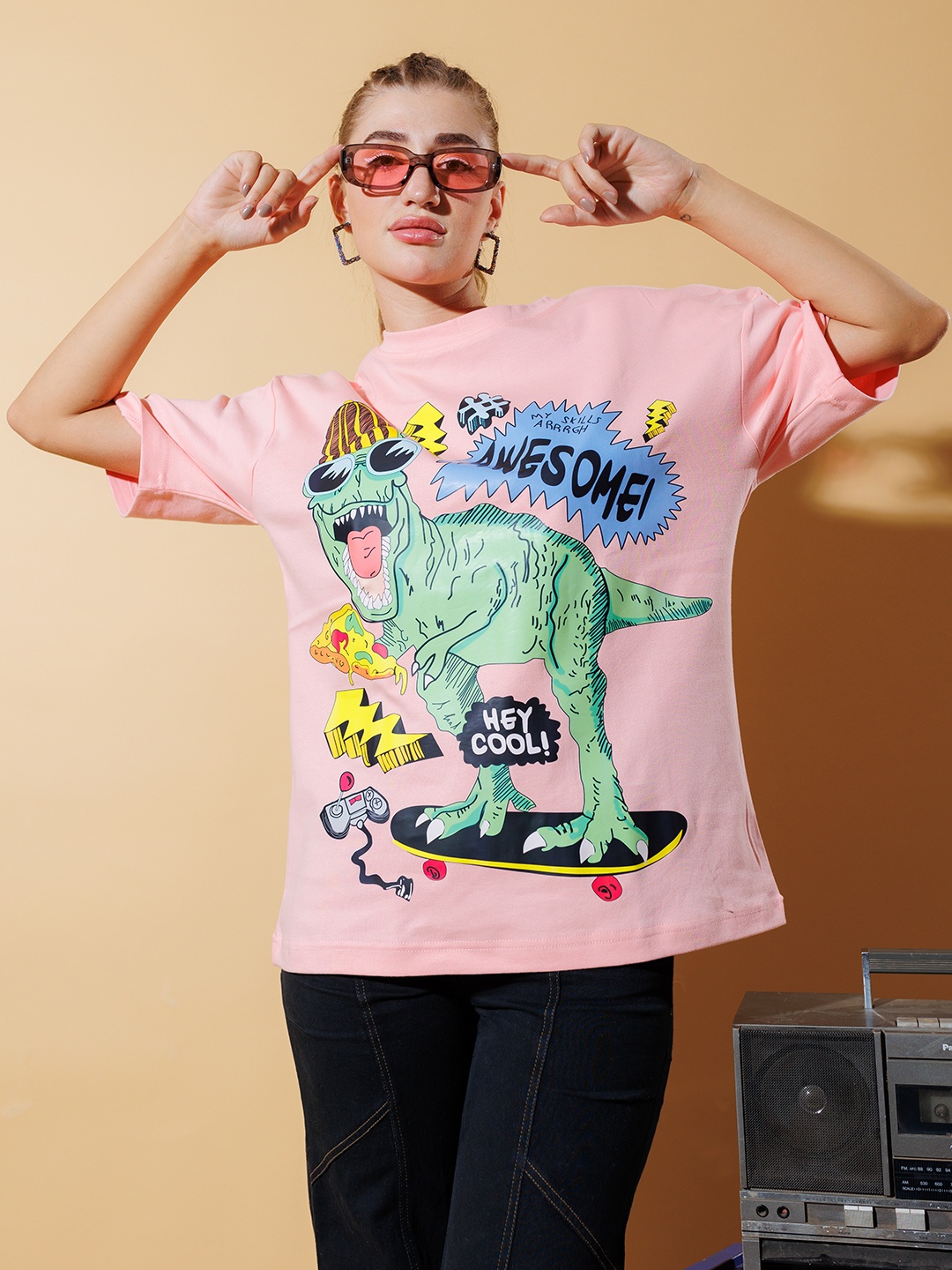 

Stylecast X Hersheinbox Tyrannosaurus Rex Printed Pure Cotton Oversized T-shirt, Peach