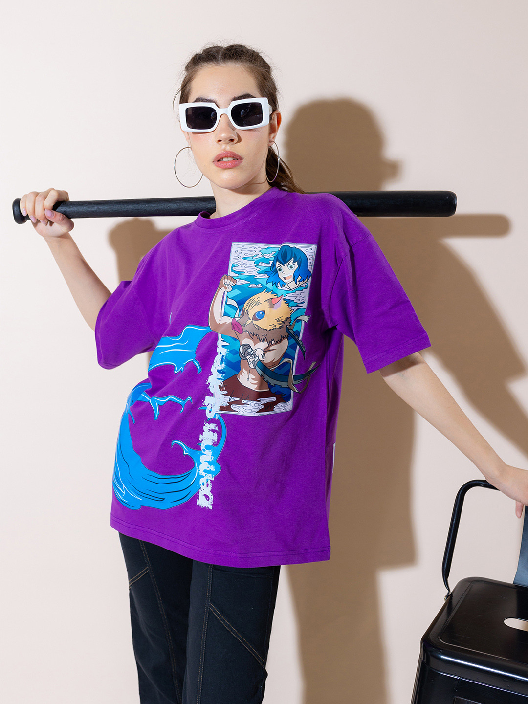 

Stylecast X Hersheinbox Inosuke Hashibira Graphic Printed Pure Cotton Oversized T-shirt, Purple