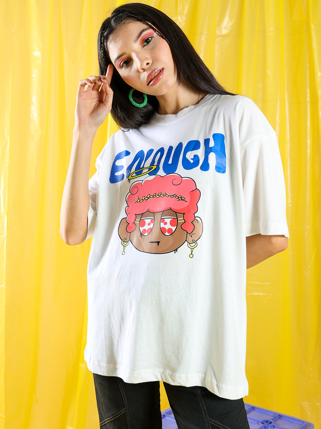 

Stylecast X Hersheinbox Graphic Printed Relaxed Fit Drop-Shoulder Sleeves Cotton T-shirt, White