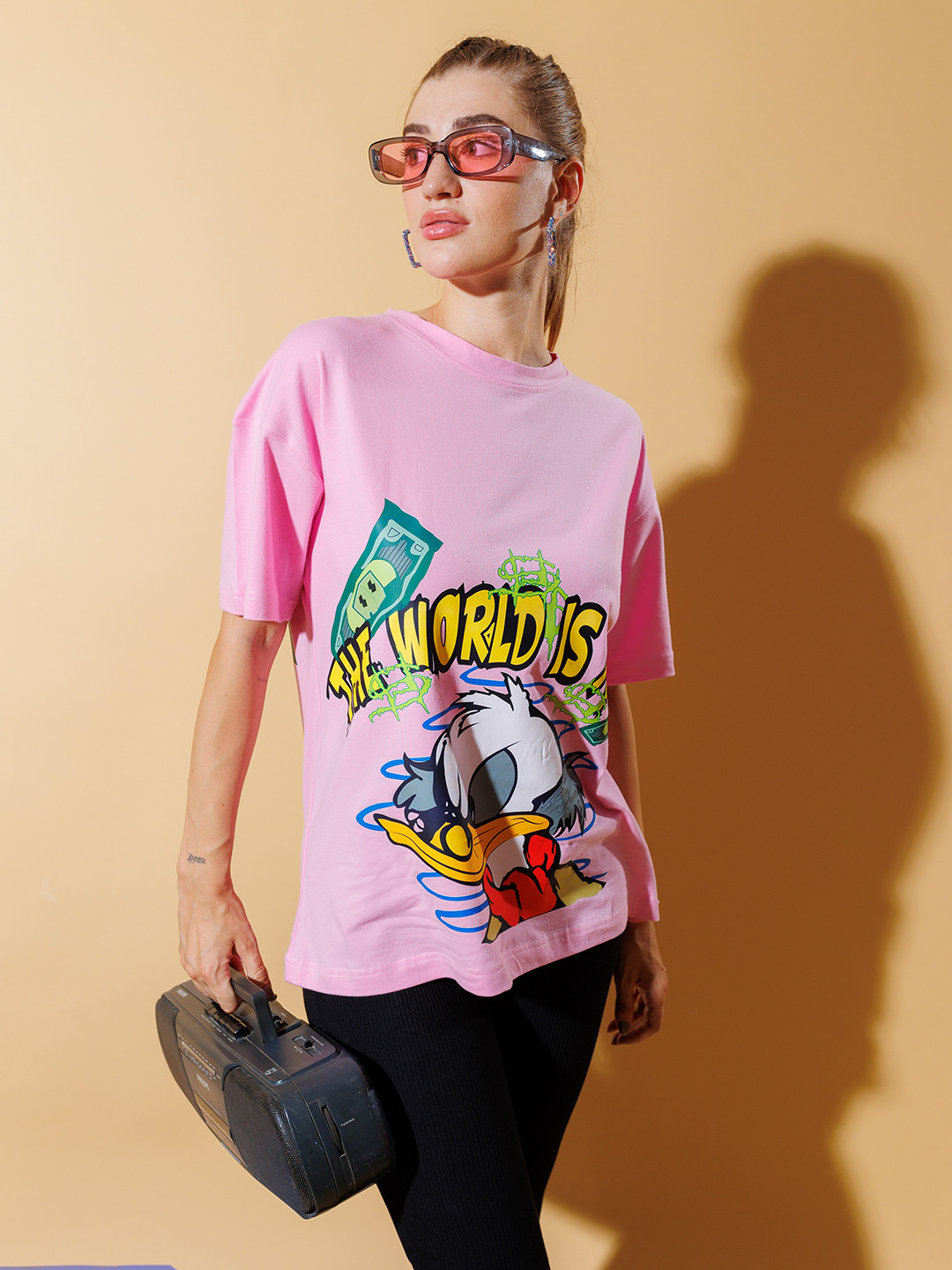 

Stylecast X Hersheinbox Donald Duck Graphic Printed Pure Cotton Oversized Longline T-shirt, Pink