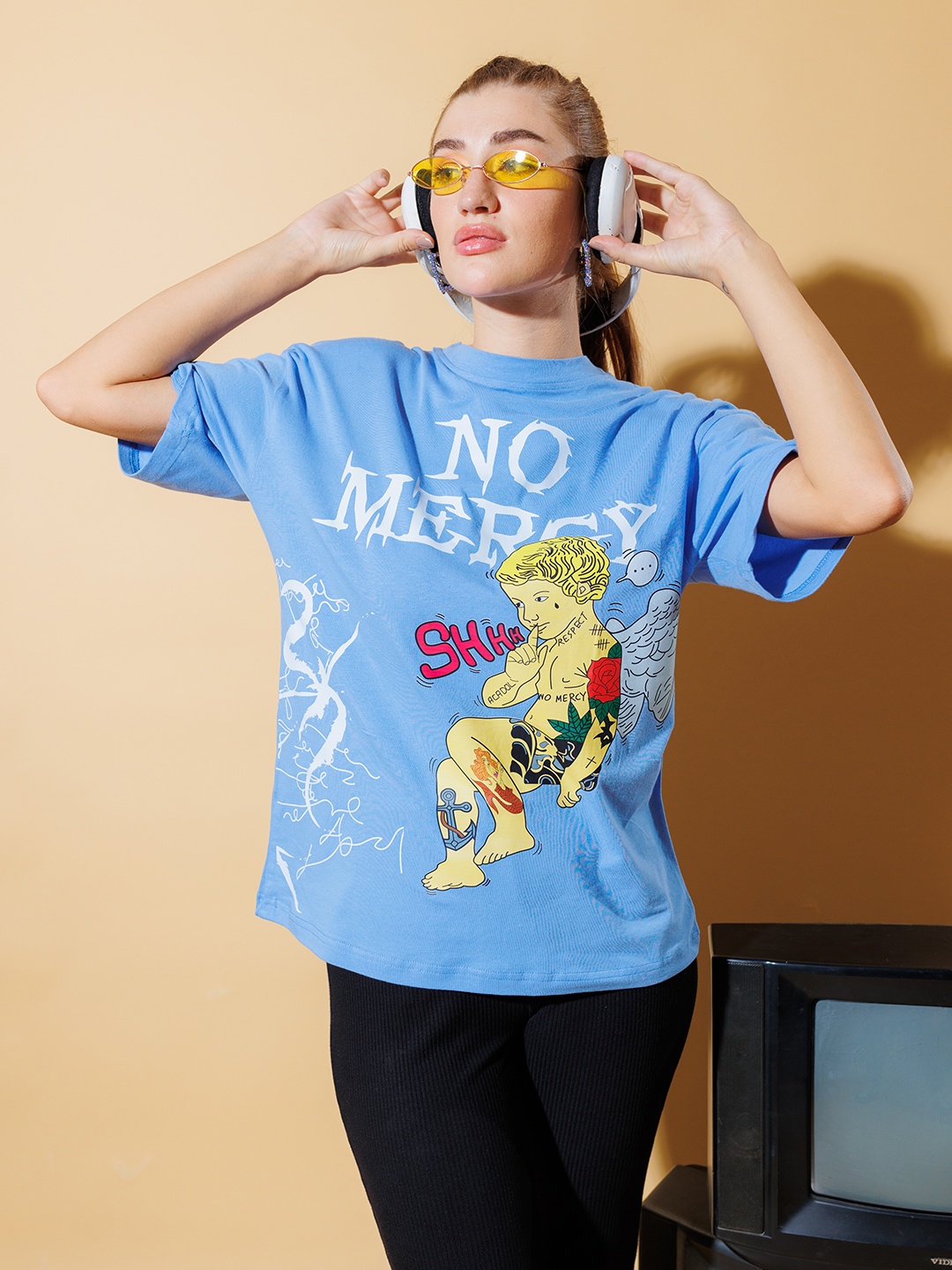 

Stylecast X Hersheinbox Pure Cotton Graphic Printed Drop-Shoulder Sleeves Casual T-shirt, Blue