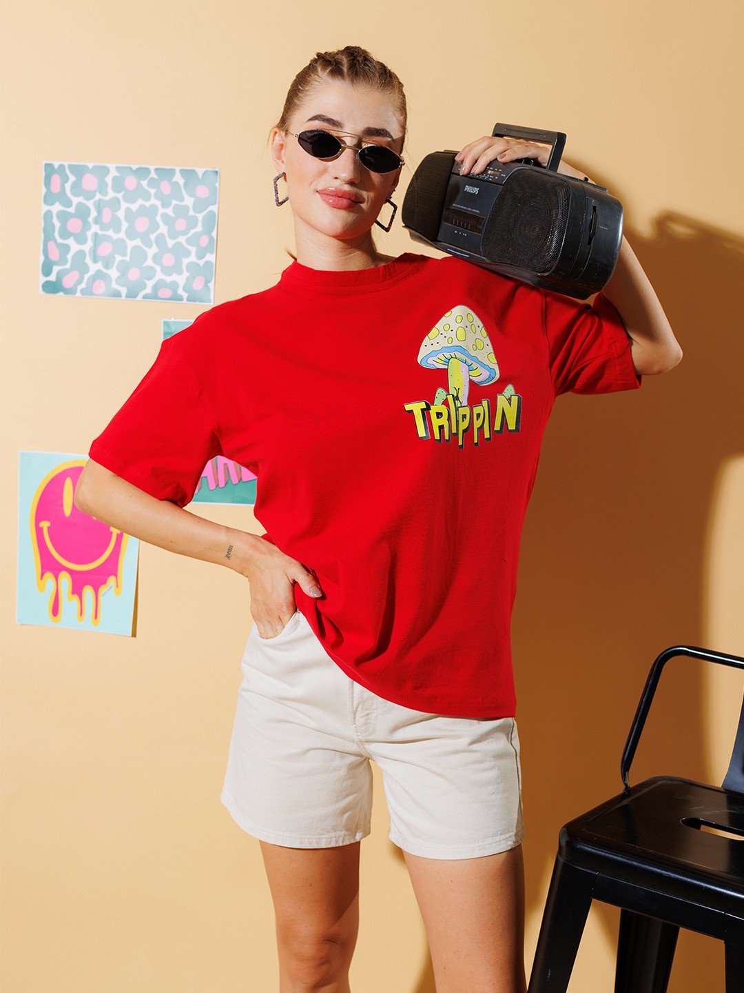 Stylecast X Hersheinbox Graphic Printed Pure Cotton Oversized T-shirt, Red