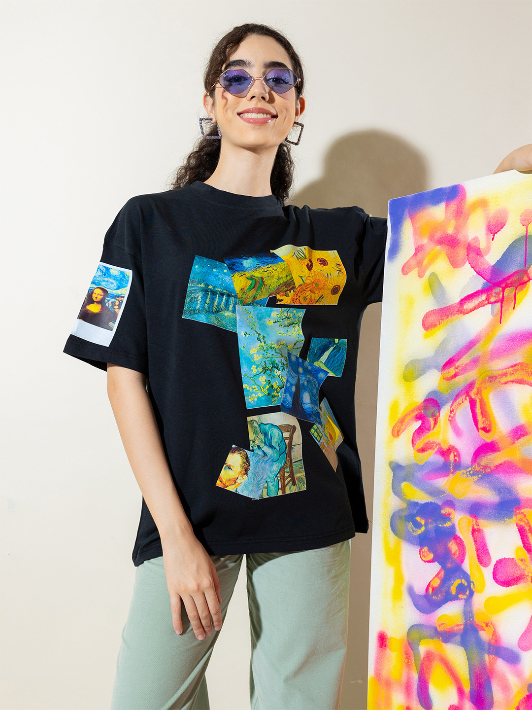 

Stylecast X Hersheinbox Printed Drop-Shoulder Sleeves Pure Cotton T-shirt, Black