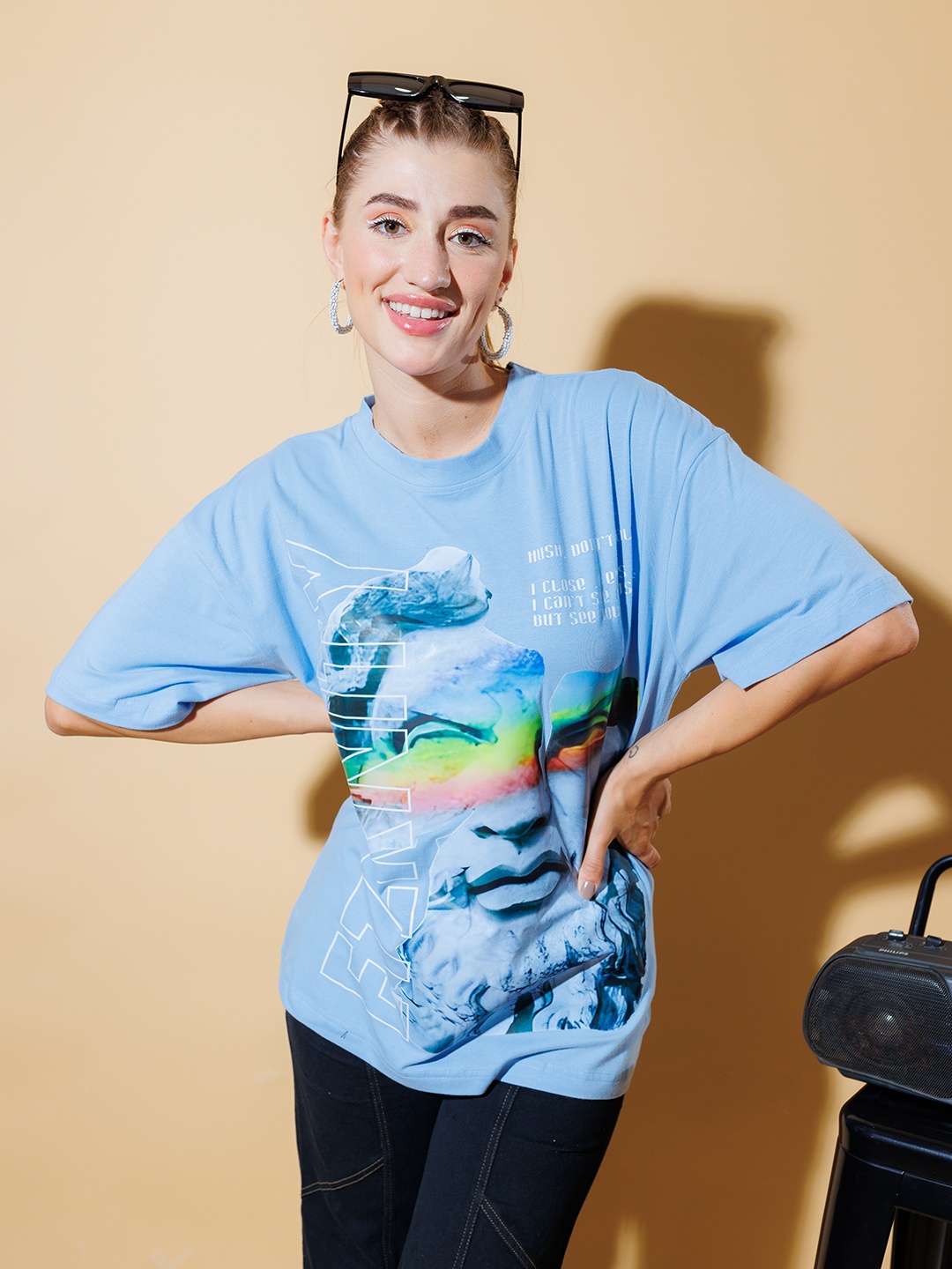 

Stylecast X Hersheinbox Graphic Printed Pure Cotton Oversized T-shirt, Blue