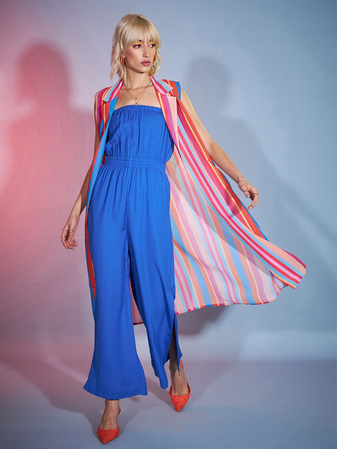 

SASSAFRAS Blue Bardot Basic Jumpsuit With Long Shrug