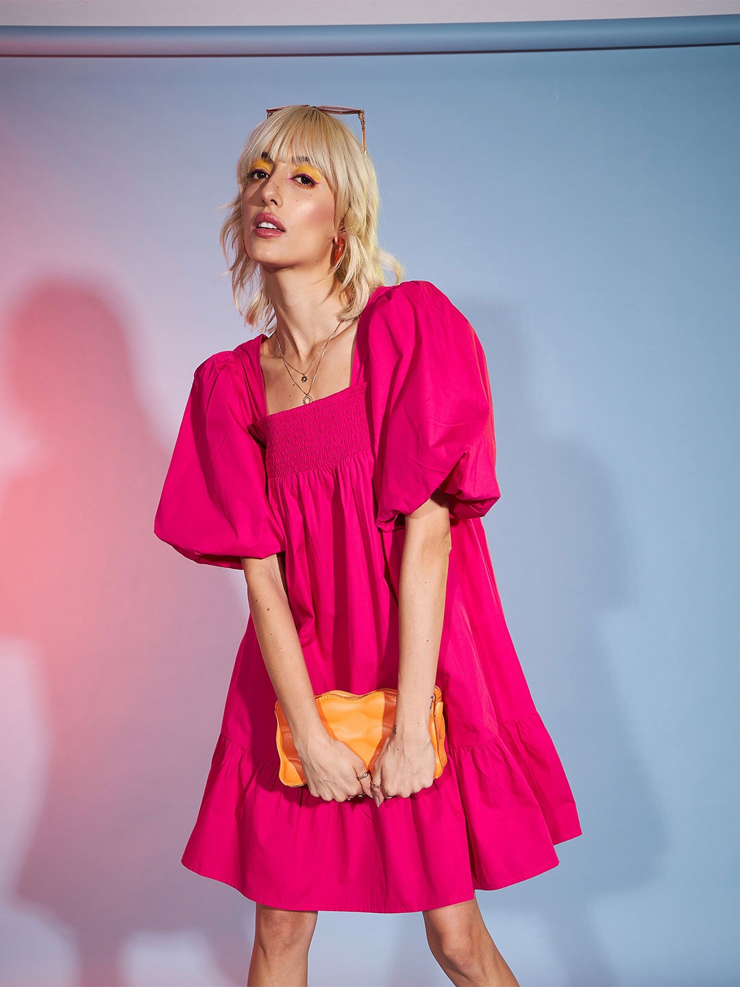 

SASSAFRAS Pink Puff Sleeve Smocked Pure Cotton Fit & Flare Dress