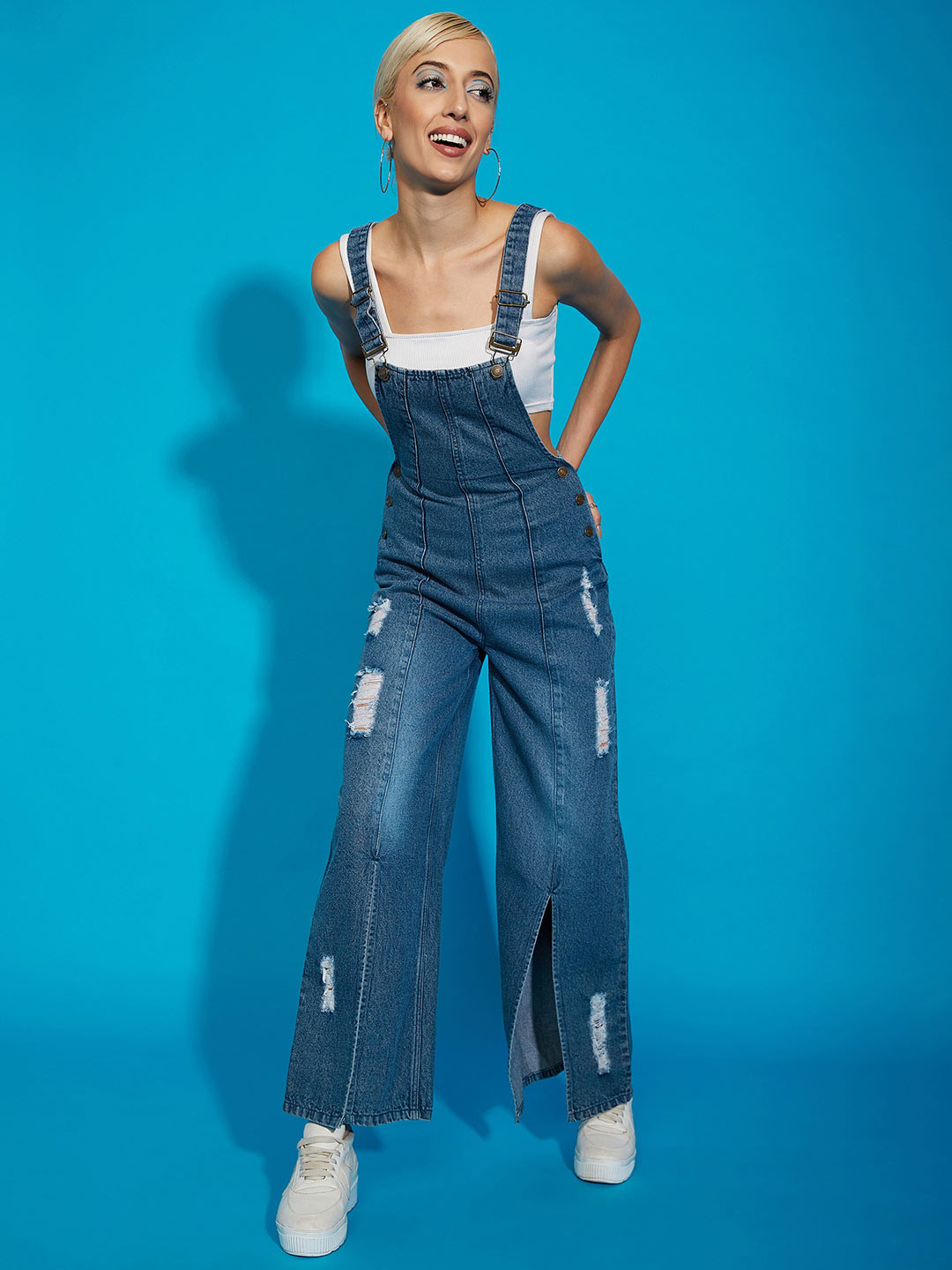 

SASSAFRAS Cotton Acid Wash Denim Distress Regular Dungaree, Blue