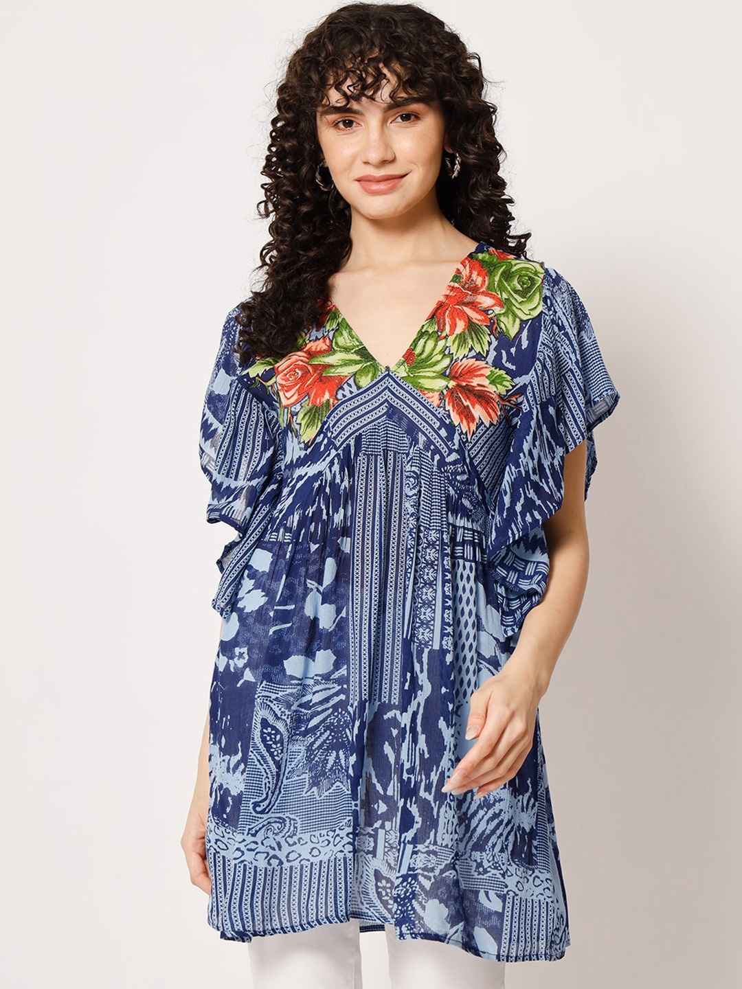 

VELDRESS Floral Print Flutter Sleeve Wrap Longline Top, Blue
