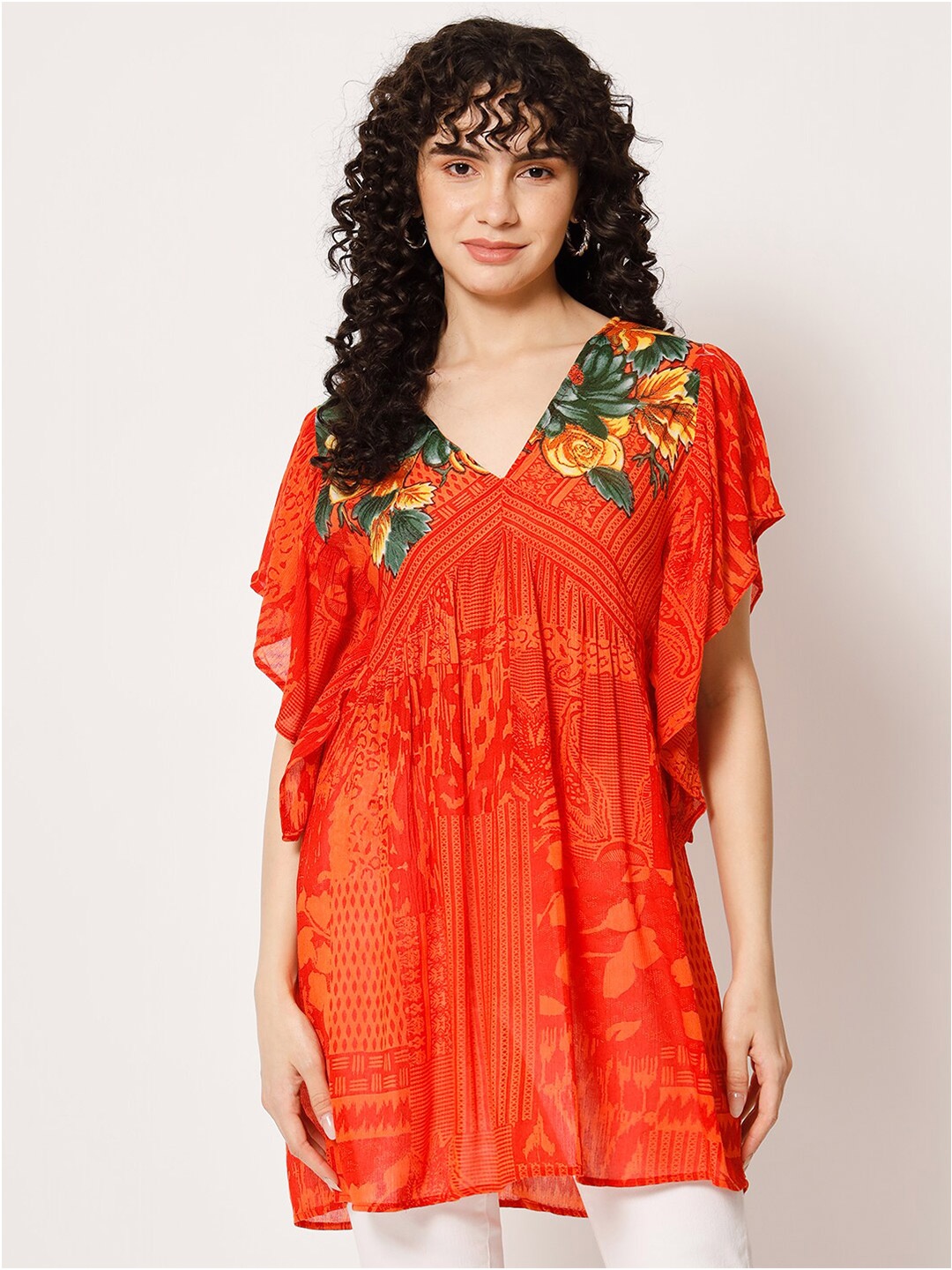 

VELDRESS Print Flutter Sleeve Empire Longline Top, Orange