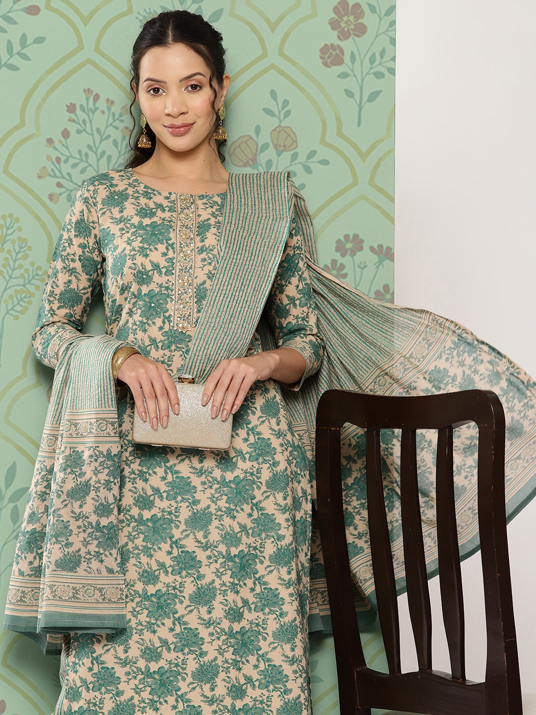 

Yufta Women Floral Printed Sequinned Pure Cotton Kurta with Trousers & With Dupatta, Teal