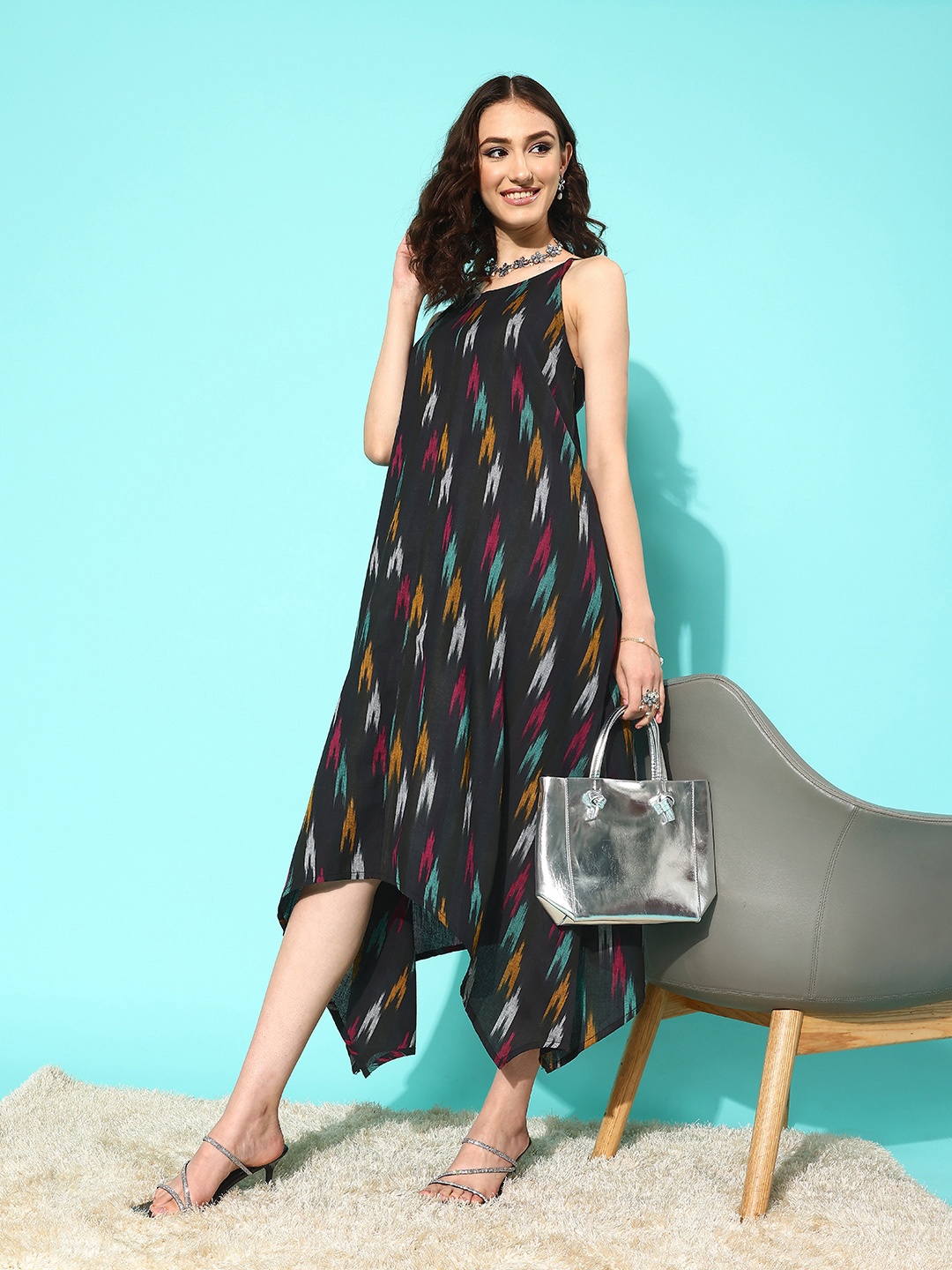 

Varanga Asymmetric Hem A-Line Midi Dress, Black