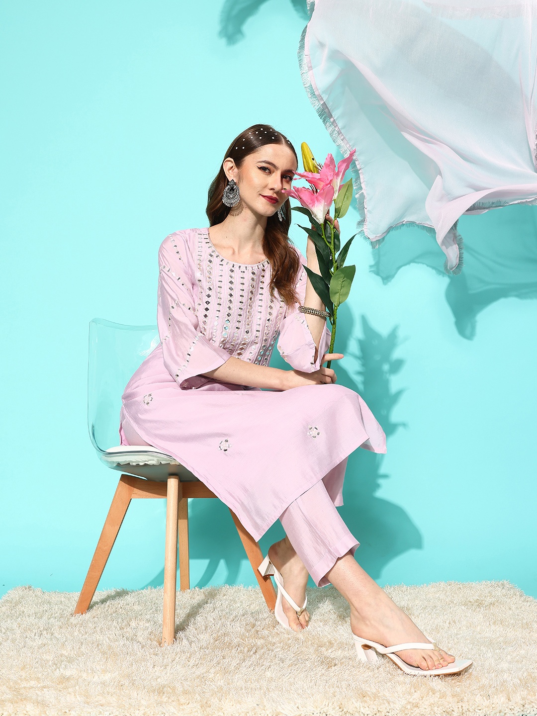 

Varanga Women Yoke Design Regular Gotta Patti Kurta with Trousers & With Dupatta, Lavender