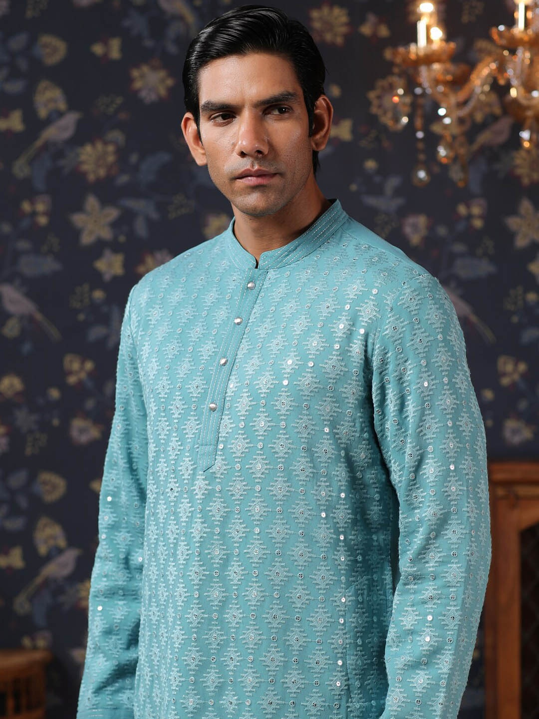 

House of Pataudi Ethnic Motifs Embroidered Sequined Georgette Kurta With Churidar, Turquoise blue