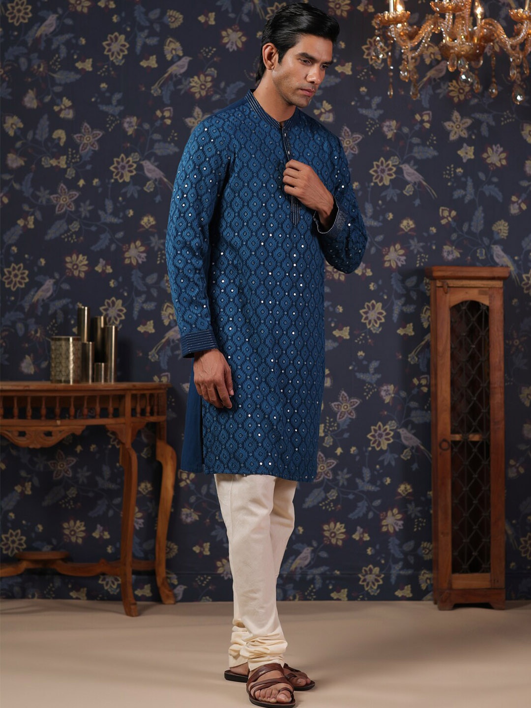 

House of Pataudi Ethnic Motifs Embroidered Sequined Georgette Kurta With Churidar, Navy blue