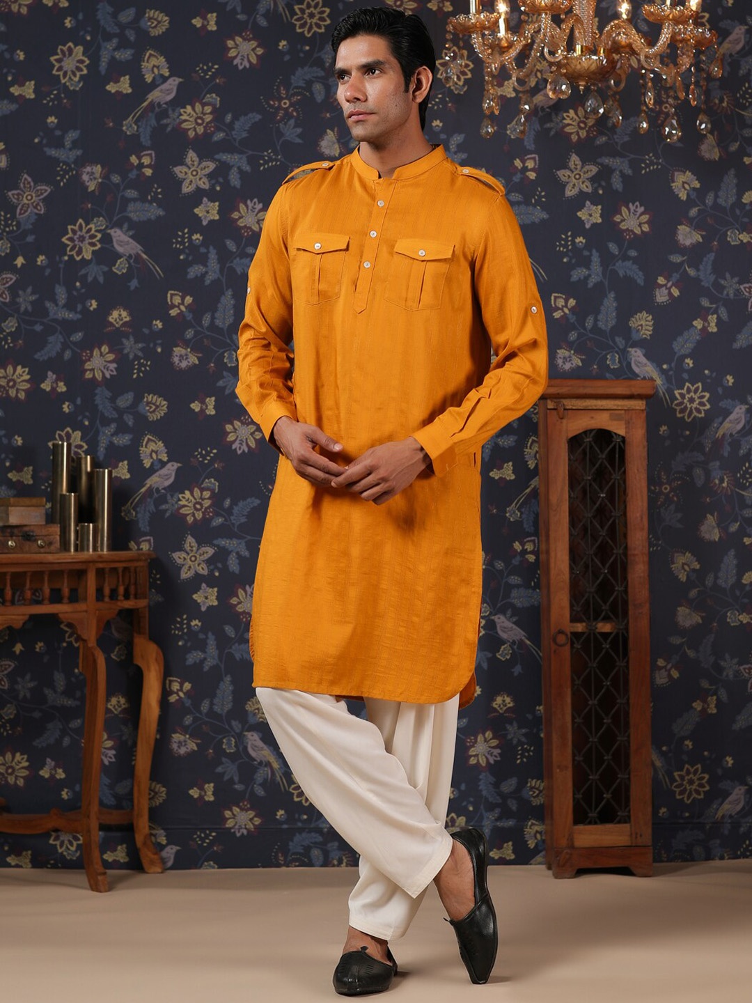 

House of Pataudi Mandarin Collar Striped Pathani Kurta With Pyjama, Mustard