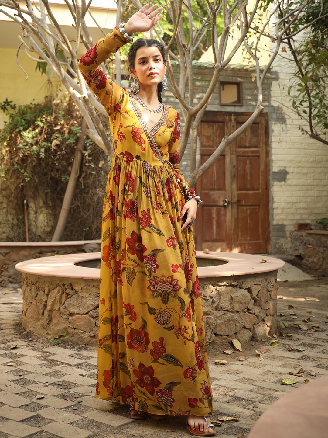 

SCAKHI Floral Printed Angrakha Pleated Georgette Ethnic Dress, Mustard