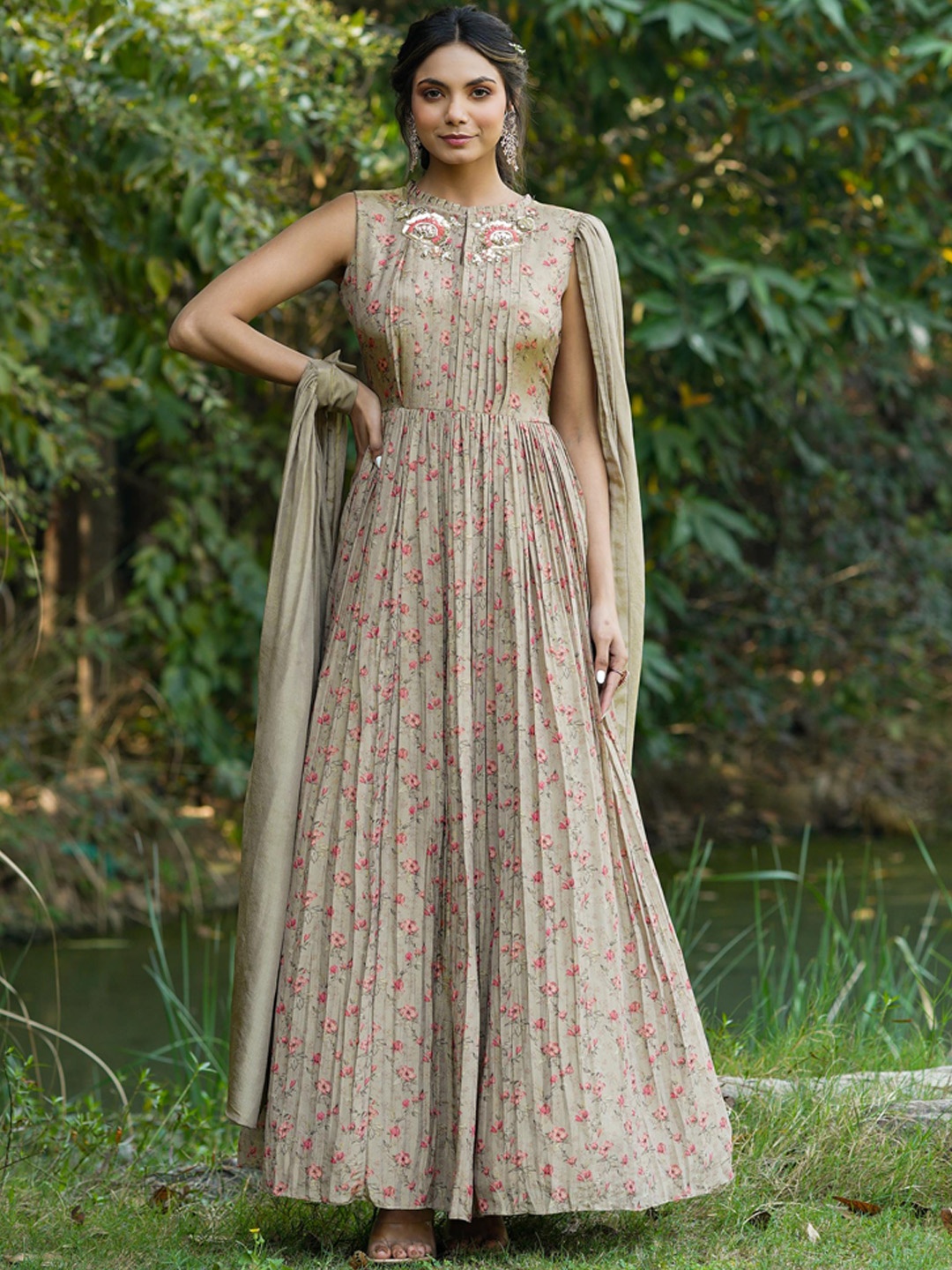 

SCAKHI Floral Printed Gown Dress With Attached Drape, Taupe