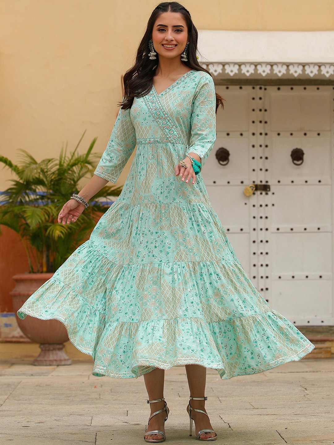 

SCAKHI Ethnic Motifs Printed Mirror Work Pleated Angrakha Tiered Ethnic Dress, Turquoise blue